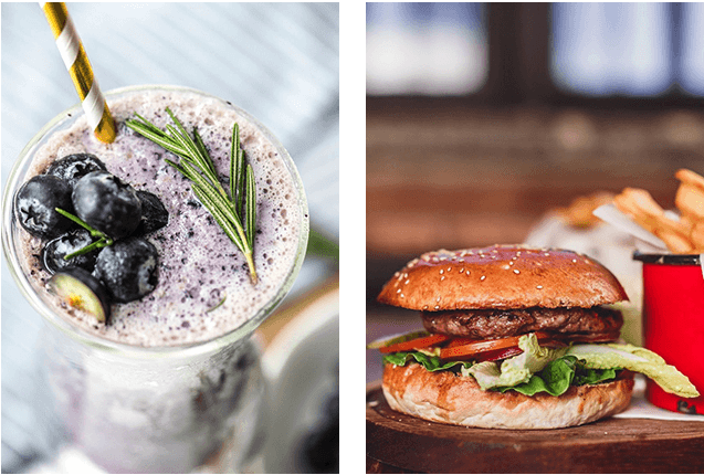 A close up of food on the left and a picture of a burger.